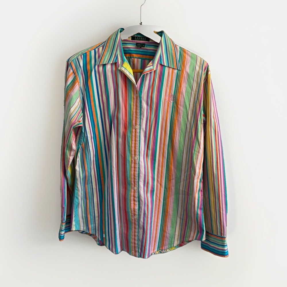 Vintage Lauren Ralph Lauren Women M Striped Cotton Button Up Shirt Long Sleeve